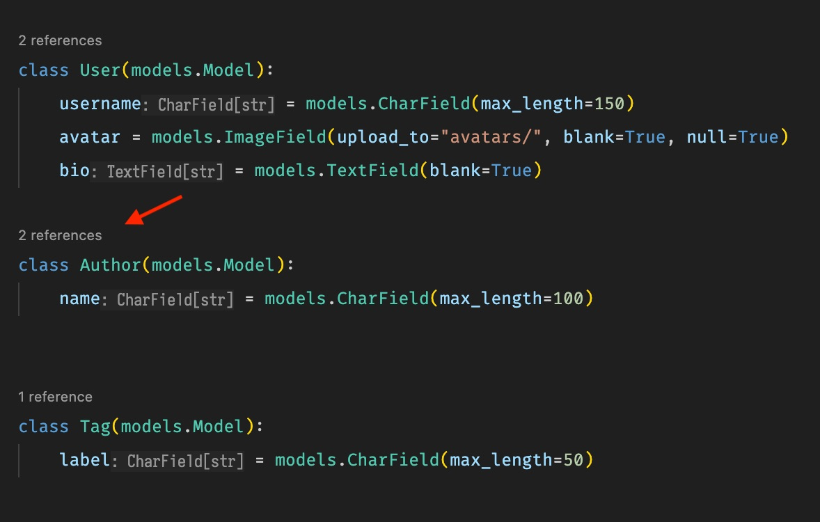 CodeLens reference counts above class and def declarations