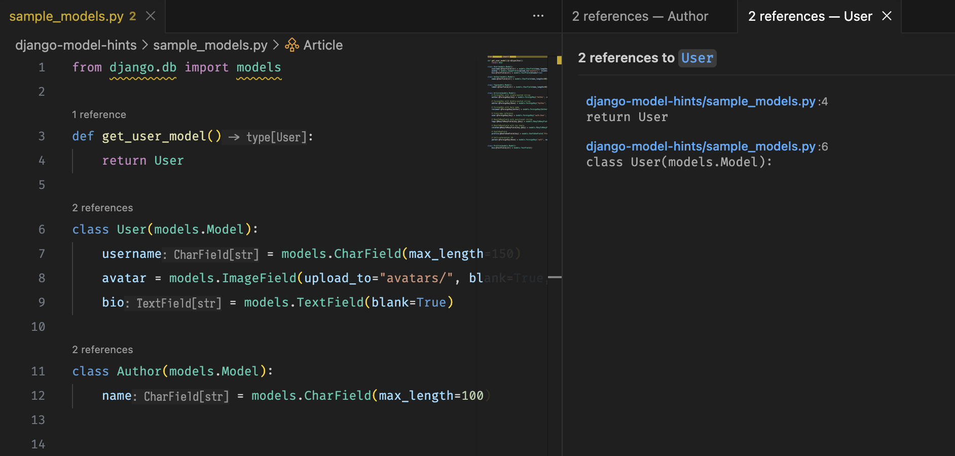 Custom references panel with file path, line number, and code preview