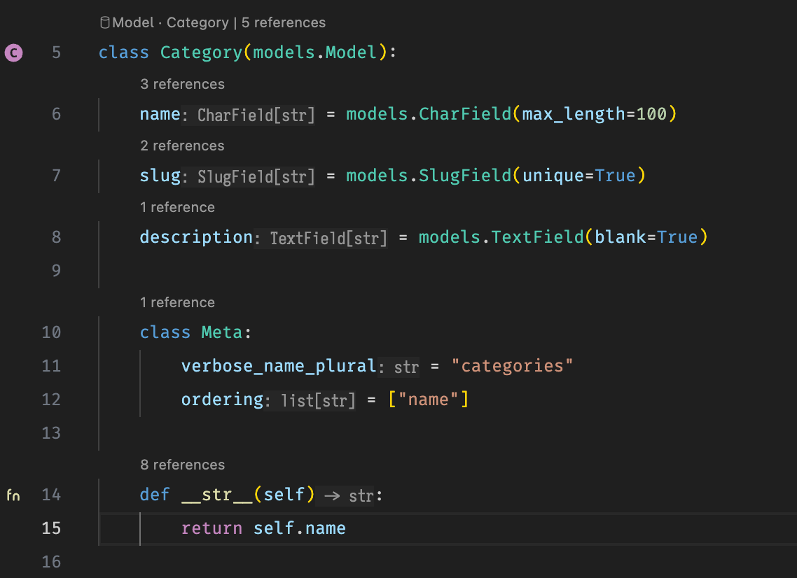Django Model Lens — models.py with gutter icons and reference counts